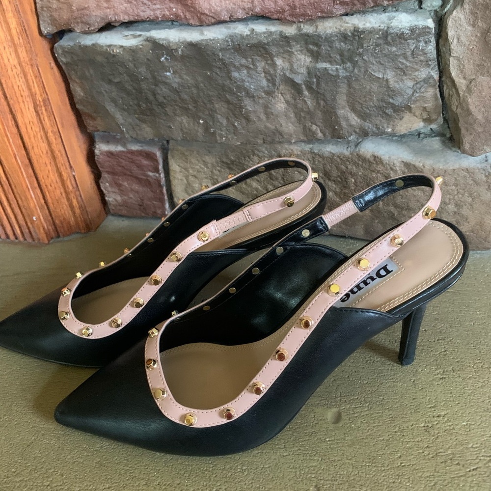 Dune Black Pointed Slingback Heels with Pink Stud Trim
